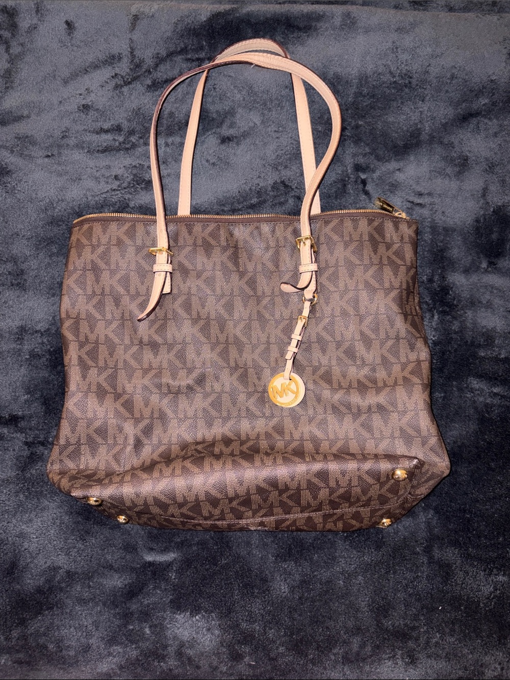 Michael Kors Brown MK Signature Tote with Pale Pink Handles and Gold Charm